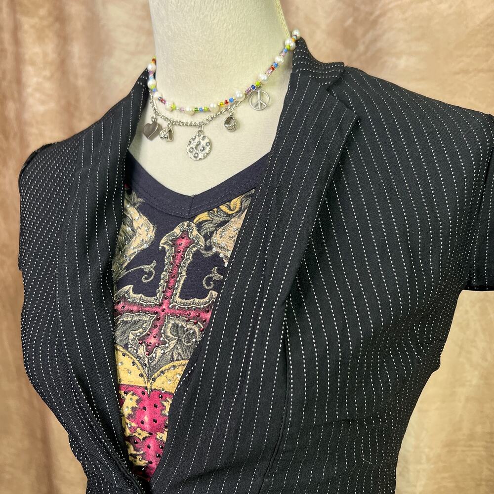 Wet Seal Bolero Jacket Pinstripe Cropped Black Puff Sleeve Vintage Y2K Indie - Picture 5 of 7